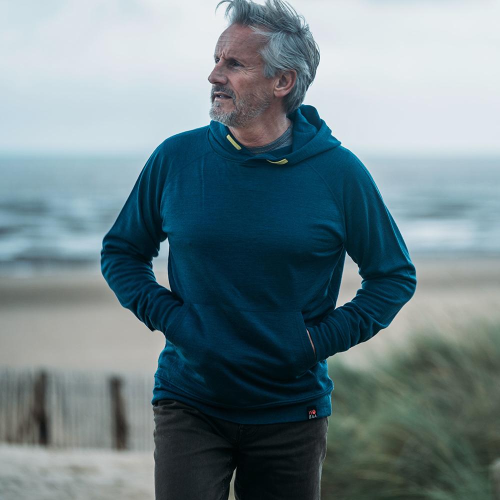 Isobaa | Mens Merino 260 Lounge Hoodie (Petrol/Lime) | Experience the best in comfort and performance with our midweight 260gm Merino wool pullover hoodie. | Model: Simon