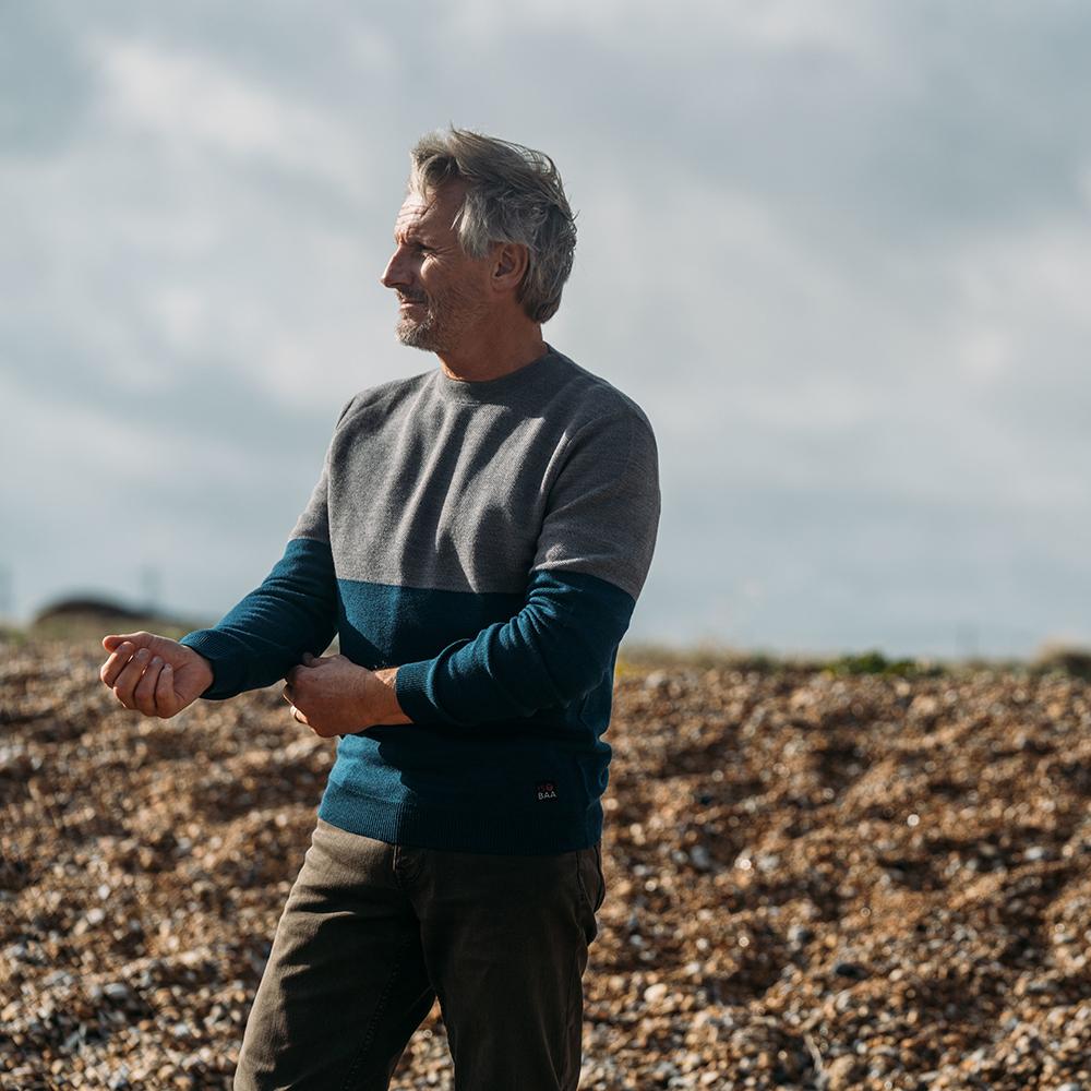 Isobaa | Mens Merino Honeycomb Sweater (Petrol/Charcoal) | The perfect blend of function and elegance in our extrafine 12-gauge Merino wool crew neck sweater. | Model: Simon
