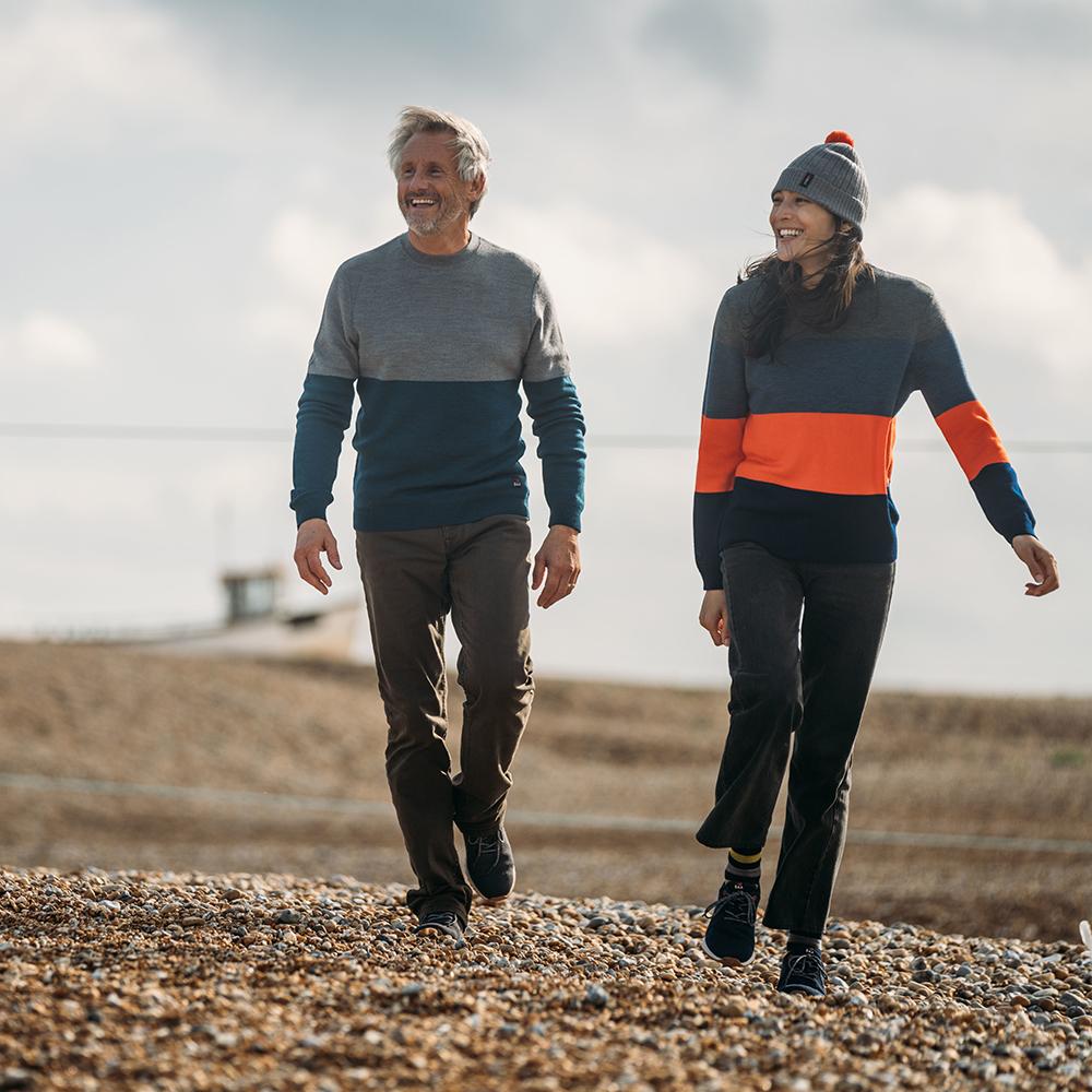 Isobaa | Mens Merino Honeycomb Sweater (Petrol/Charcoal) | The perfect blend of function and elegance in our extrafine 12-gauge Merino wool crew neck sweater. | Model: Simon
