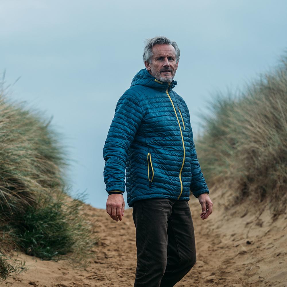Isobaa | Mens Merino Wool Insulated Jacket (Petrol/Lime) | Innovative and sustainable design with our Merino jacket. | Model: Simon