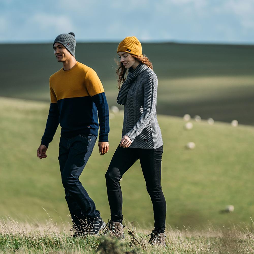 Isobaa | Womens Merino Cable Sweater (Charcoal) | Experience timeless style and outdoor-ready performance with our Merino wool crew neck sweater. | Model: Sophie