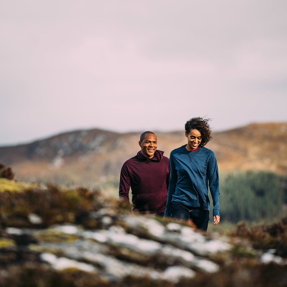 Isobaa | Mens Merino 260 Lounge Hoodie (Wine/Navy) | Experience the best in comfort and performance with our midweight 260gm Merino wool pullover hoodie. | Model: Edirin