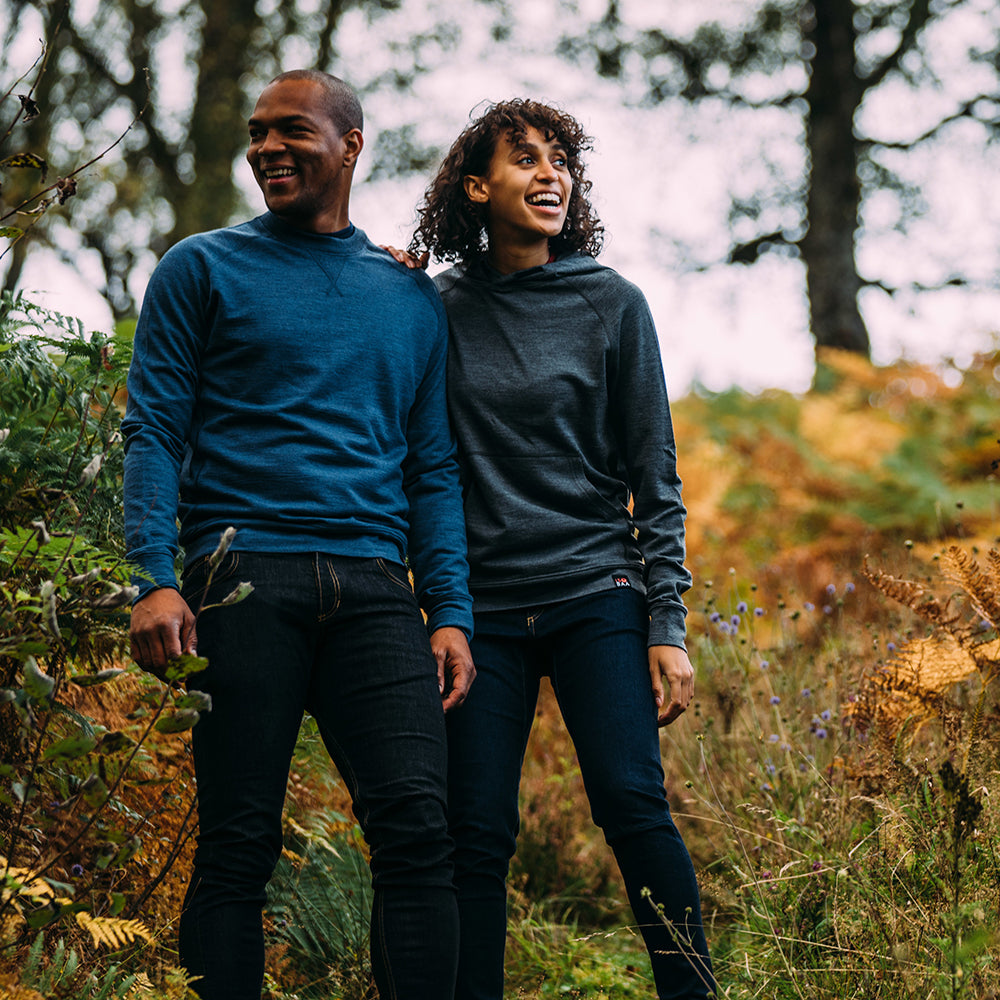 Isobaa | Mens Merino 260 Lounge Sweatshirt (Denim) | The ultimate 260gm Merino wool sweatshirt – Your go-to for staying cosy after chilly runs, conquering weekends in style, or whenever you crave warmth without bulk. | Model: Edirin