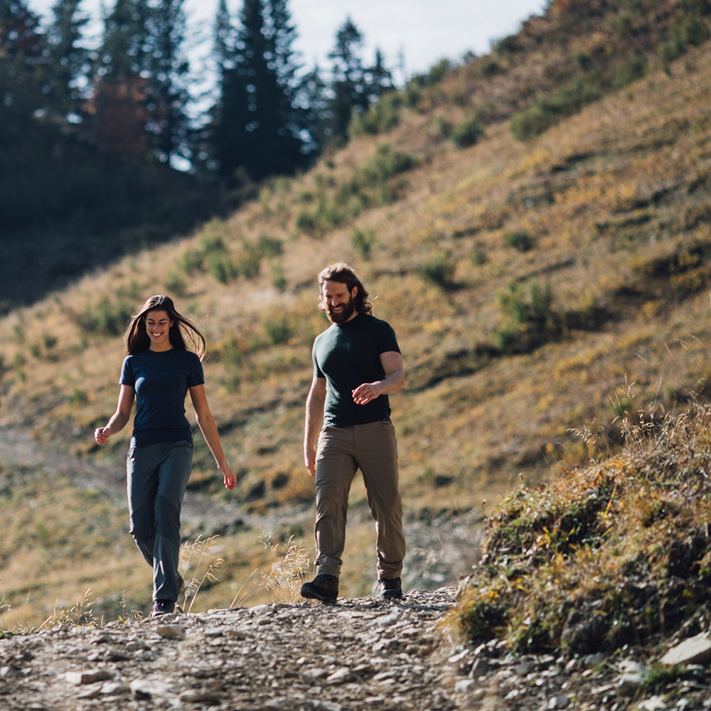Isobaa | Womens Merino 150 Short Sleeve Crew (Denim) | Gear up for performance and comfort with Isobaa's technical Merino short-sleeved top. | Model: Jess